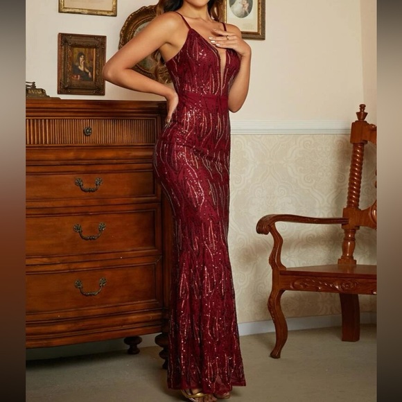 Luxe mesh insert mermaid hem sequins party formal prom gown dress - Picture 7 of 8